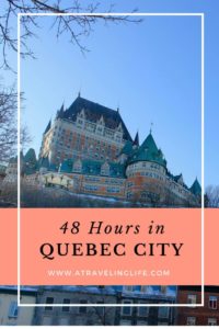 This is my itinerary for how to spend 48 hours in Quebec City, Canada. All the best things to do and see, the best places to eat, and where to stay in Quebec City. | Montmorency Falls | Old Town Quebec City | First Nations’ community of Wendake | Quebec City Ice Hotel | Quebec City winter | Quebec City things to do | restaurants in Quebec City | #Canada #QuebecCity #wintertravel