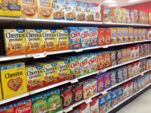 cereal aisle in United States grocery story