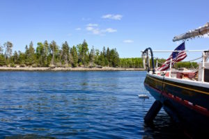 the J & E Riggin, a windjammer schooner, anchored off Warren Island State Park in Penobscot Bay, Maine
